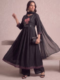 Black Embroidered Flared Kurta With Floral Yoke Detailing.