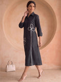Casual Black Shirt Dress With Thread Embroiderey Detailing