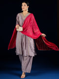 V Neck Kurta With Lace Detailing, Paired With Solid Trousers And A Contrasting Fuchsia Dupatta.