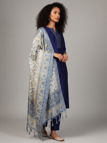 Varanga Women Dobby Textured Zari Embroidered Straight Kurta With Bottom And Dupatta
