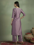 Varanga Women Elegant Three-Piece Brown Shimmer Kurta Set With Sequin Detailing, Solid Ankle-Length Trousers, And An Embroidered Dupatta