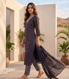 Varanga Women Blue  Printed  Embroidered Kurta With Bottom And Dupatta