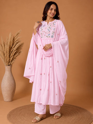 Varanga Women Floral Embroidered Empire Thread Work Pure Cotton Kurta with Trousers & With Dupatta