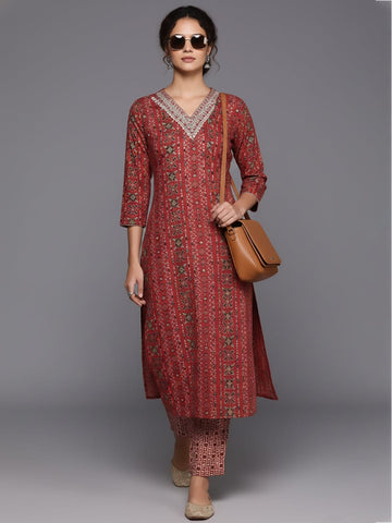 Varanga Women Red Printed V-Neck Embroidered Kurta With Bottom And Dupatta