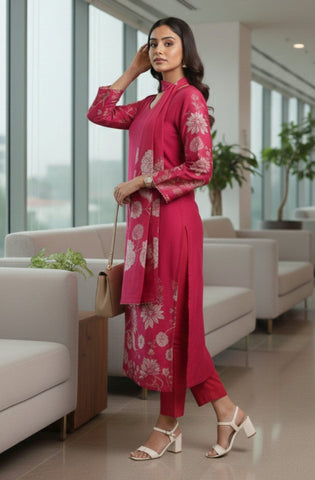 Varanga Women Fuchsia Pink Floral Printed Gota Detail Flared Sleeve Kurta With Solid Trouser