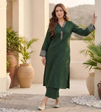 Varanga Women Green Embroidered  Long & Flared Sleeves Kurta With Tonal Bottom