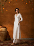 Women's Beige Kurta Set Embroidered V-Neckline And Side-Pocket