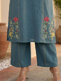Women Floral Embroidered Blue A-Line Kurta Set