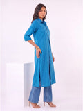Blue Shirt-Style Kurta Elevated With Chic Contrast Stitch Detailing.