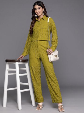 KSUT Women Olive Green Schiffli Co Ord Set