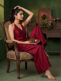Women'S Wine-Red Jacquard Halter Neck Kurta And Palazzo Set For Festive Wear.