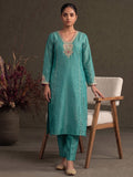 Teal Blue Silk-Blend Embroidered A-Line Kurta With Trousers