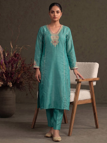 Teal Blue Silk-Blend Embroidered A-Line Kurta With Trousers