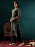 varanga-green-printed-round-neck-with-slit-three-quarter-sleeves-straight-kurta-paired-with-contrast-bottom-and-dupatta