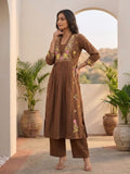 Floral Embroidered Brown Ethnic Kurta With Gathered Detailing