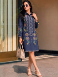 Blue Embroidered Shirt Dress Featuring Vibrant Floral Threadwork