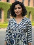 Classic ikat print Aliya-cut kurta in blue and white, teamed with regular-fit ankle-length trousers.