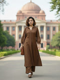 Brown Solid Kurta Set with shirt collar, Full Sleeves and Matching Trousers