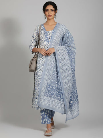 Varanga Women Ethnic Floral Printed V Neck Straight Kurta with Trouser & Dupatta
