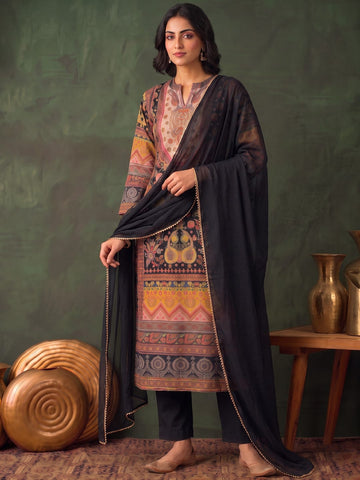 Women'S Black Floral Printed Straight Kurta Set With Tonal Dupatta