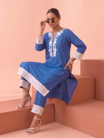 Indigo Blue Embroidered Kurta With Straight Trousers Set