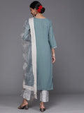 Varanga Women Blue & Silver Sequinned Yoke Design Kurta With Trousers & Dupatta
