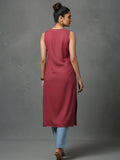 Sleeveless Solid Kurta with V-Neck and Subtle Floral Embroidery