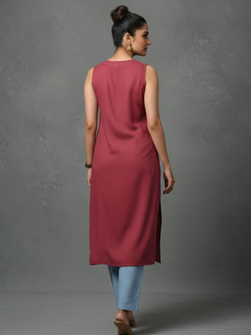 Sleeveless Solid Kurta with V-Neck and Subtle Floral Embroidery