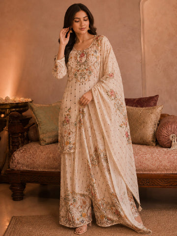 Ethnic Printed Kurta Set With Matching Palazzo And Dupatta