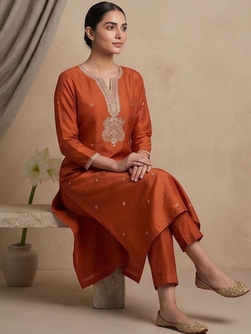 Kurta Set With Intricate Zari Embroidery And Ankle-Length Trousers And An Embroidered Dupatta