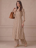 Women Brown Striped Shirt Collar Kurta Set