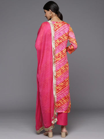Varanga Women Pink And Yellow Lehariya Gota Embroidered Yoke Kurta With Bottom And Dupatta