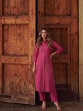 Womens Magenta asymmetrical -Embroidered kurta set