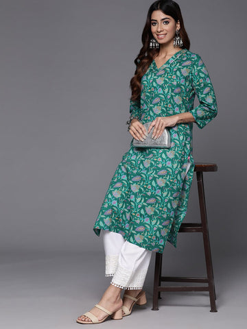 Varanga Women Turquoise Blue Floral Printed V Neck Straight Kurta Rs Vkur1869