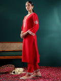 Varanga Women Red Zari Embroidered Kurta With Bottom And Dupatta