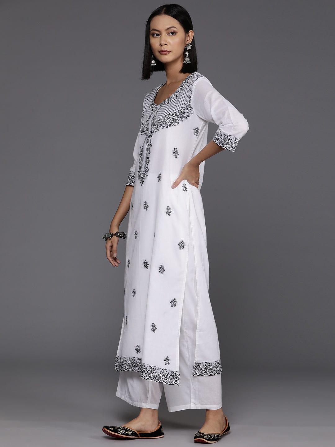 Varanga Women White & Black Woven Design Straight Kurta Paired With Bottom And Dupatta