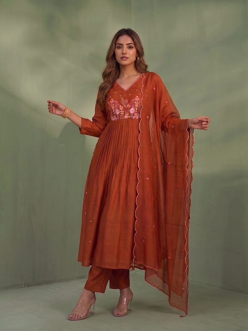 Rust Embroidered Ethnic Suit Set