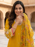 Women's Mustard Yellow Embroidered Kurta Set With Floral Printed Dupatta