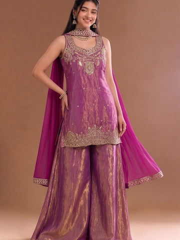 Embroidered Shimmer Short Kurta With Palazzo And Dupatta