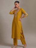 Mustard Straight-Fit Kurta With Embroidered Yoke, Paired With Solid Ankle-Length Trousers