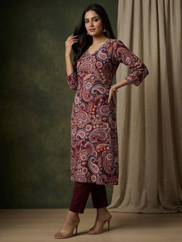 Varanga Women Paisely Printed Sequin Embroidered V Neck Kurta