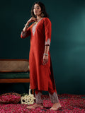 Varanga Women Rust Thread And Sequins Embroidred Kurta With Bottom And Dupatta