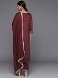 Varanga Women Maroon Embroidered Kurta Paired With Tonal Bottom And Dupatta
