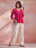 Women's Pink Bandhani Print Peplum Top With V-Neck And Gota Work Detailing