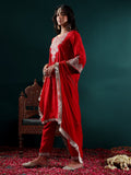 Varanga Women Red Embroidered Straight Kurta Paired With Tonal Bottom And Dupatta