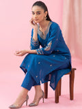 Blue Embroidered Chanderi Kurta Set With Straight Pants And Zari-Bordered Dupatta.
