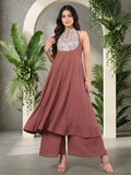 Varanga Women Nude Yoke Embroidered Sleeveless Flared Kurta With Trousers.