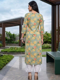 Varanga Women Sea Green Floral Printed Mirror And Thread Embroidered Straight Kurta With Thtree Quarter Sleeves