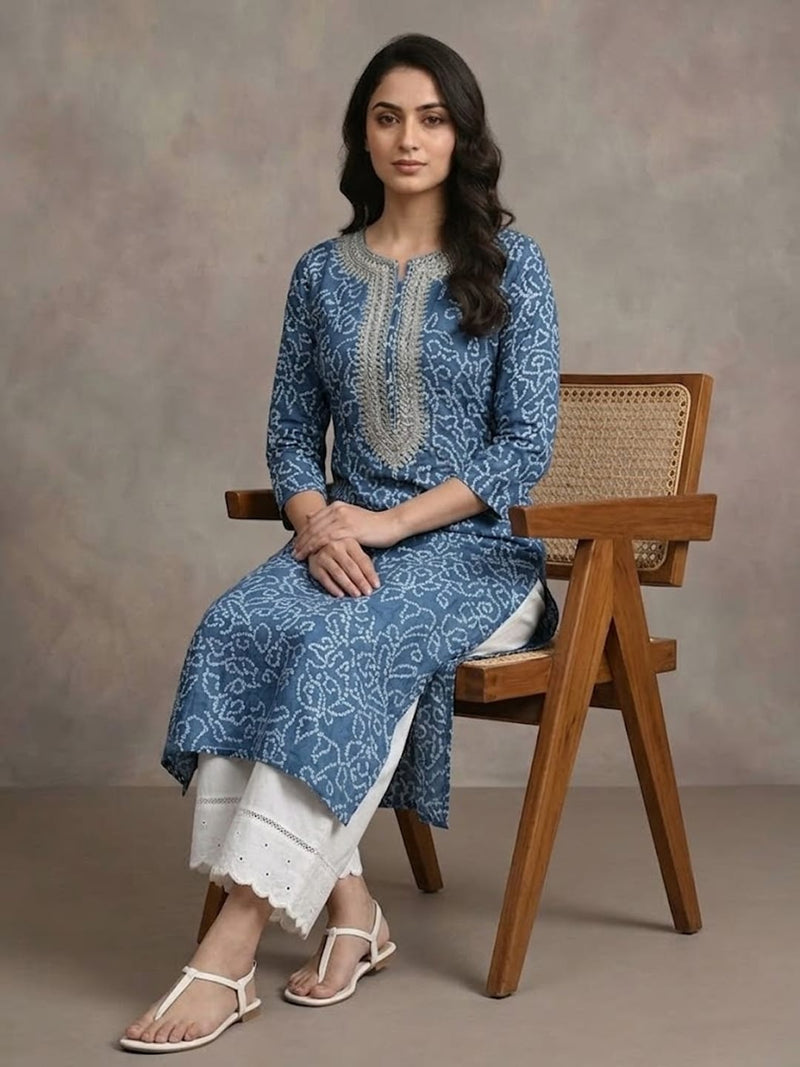 Varanga Women Blue Bandhani Printed Straight Kurta