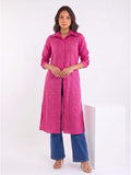 Pink Shirt-Style Kurta Elevated With Chic Contrast Stitch Detailing.